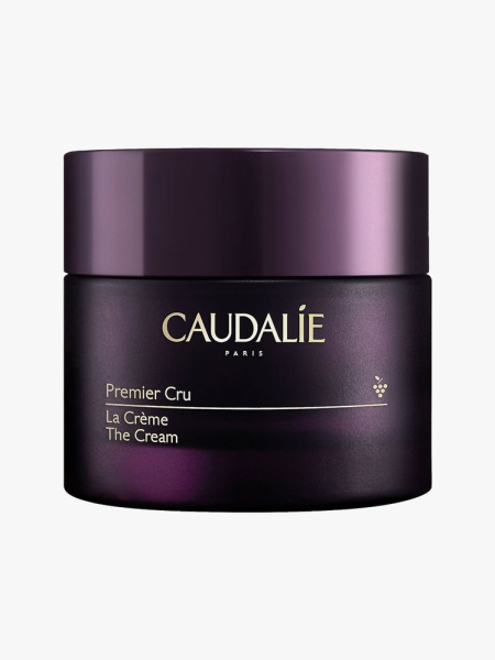 Caudalie Premier Cru Cream purple jar on light grey background
